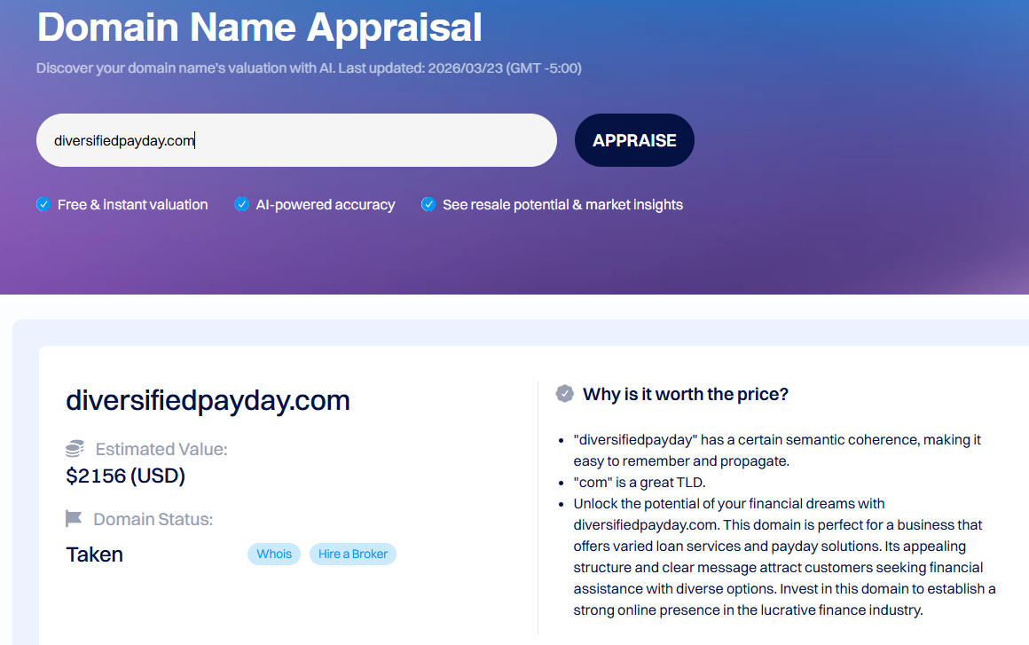 Domain appraisal result for diversifiedpayday.com showing an estimated value of $2,156 USD