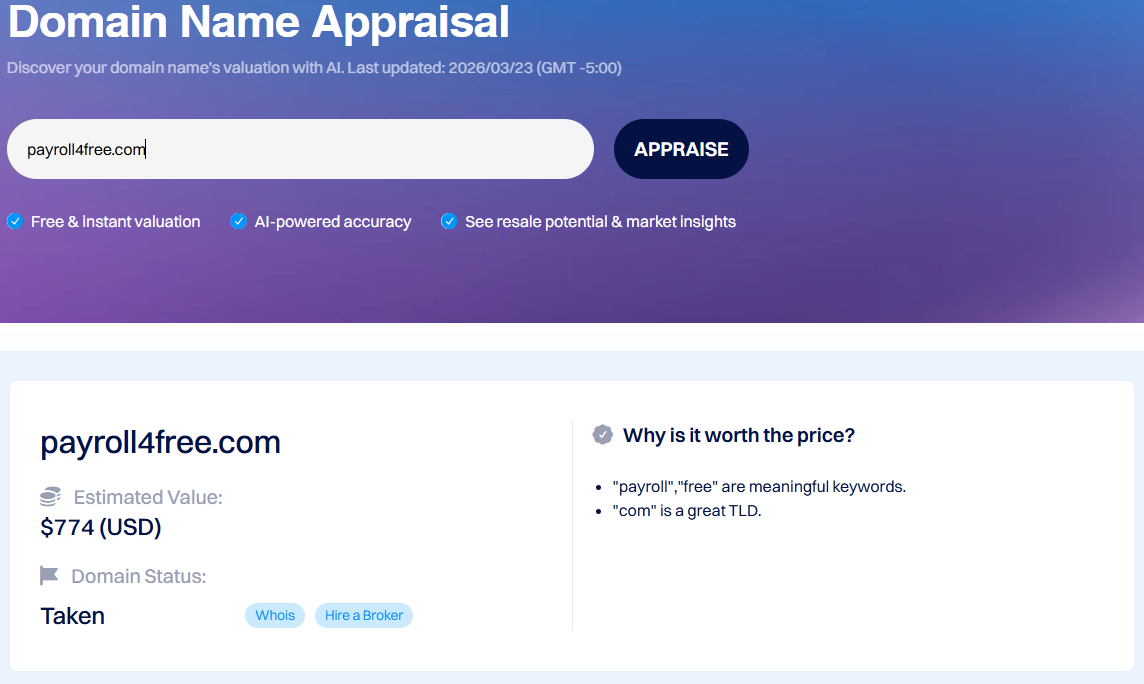 Domain appraisal result for payroll4free.com showing an estimated value of $774 USD